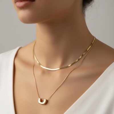 Flat Chain with U-Shaped Pendant Gold-Plated Double Layer Necklace for Women
