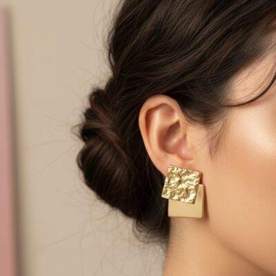 Textured Square Layered Gold Earrings | Stainless Steel Anti-Tarnish | Modern Stud Earrings